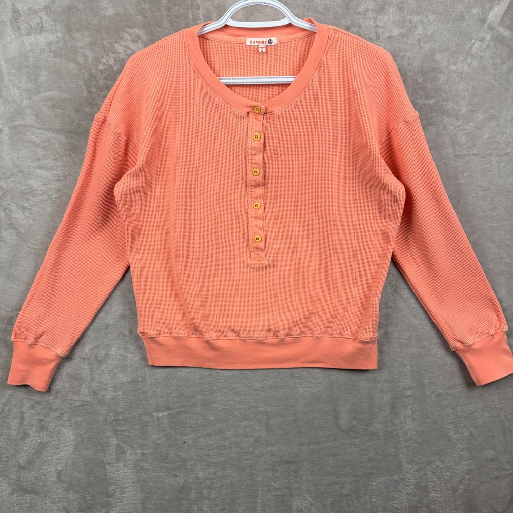 SUNDRY‎ Womens Top XS Thermal Henley Oversized Long Sleeve Coral Half Button